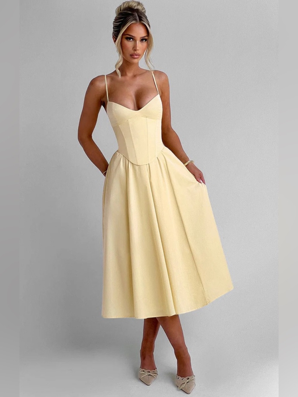 Elegant Cream Midi Dress with Corset Bodice